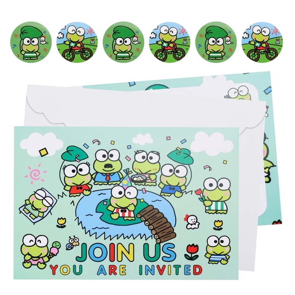 A set of 16 blank items can be used to fill out birthday party invitations, including envelopes and stickers, frog party invitation cards, and party decorations