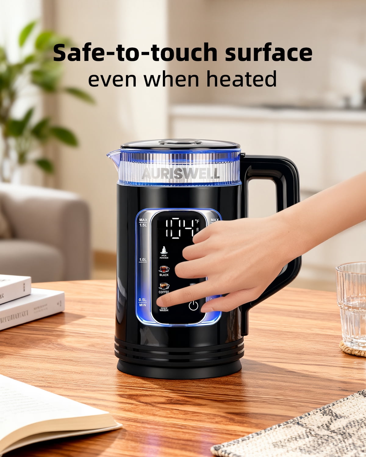 Auriswell Electric Tea Kettle with Temperature Control, 1.5L Glass smart Water Boiler for Tea, Coffee & Boil, Automatic Shut Off, 12h Keep Warm & LED One-Touch 6 Presets