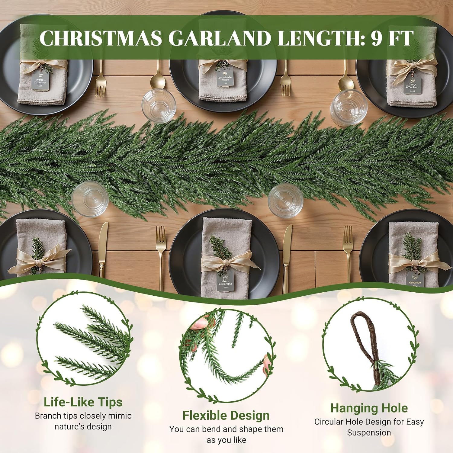 Lolsea 9ft Artificial Norfolk Pine Christmas Garland, Green photo 2