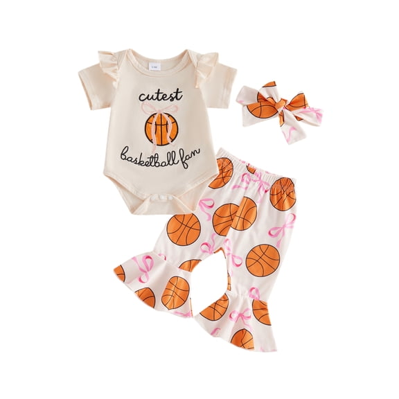 BemeyourBBs Newborn Baby Girls Basketball Outfit Summer Clothes Short Sleeve Embroidery Romper with Basketball Print Bell Bottom Flare Pants and Headband