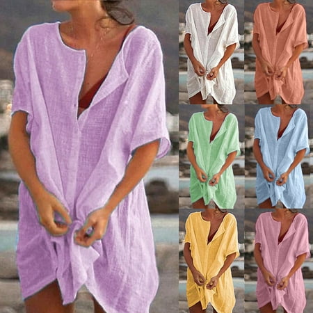 Women s Beach Dress  Round Neckline Bikini Cover Up  Button Short Sleeve  Beach Poncho  Summer Loose Swimwear Dress  Beach Tunic  Cover-Up Shirt For Holidays  Light Blue  L