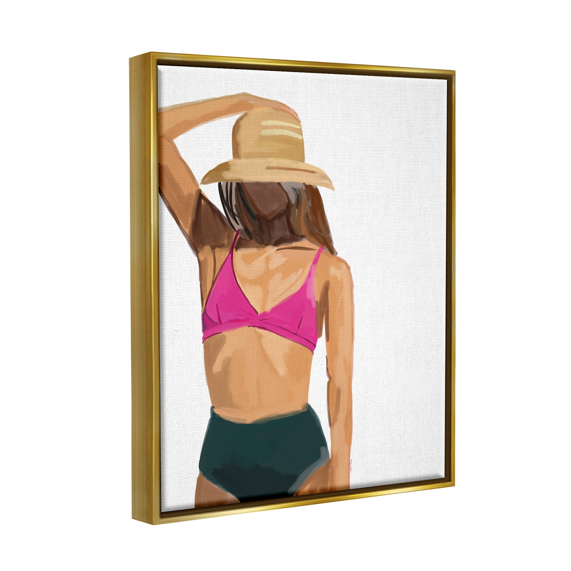 Stupell Industries Summer Beach Girl In Sun Hat Coastal Painting Gold Floater Framed Art Print Wall Art