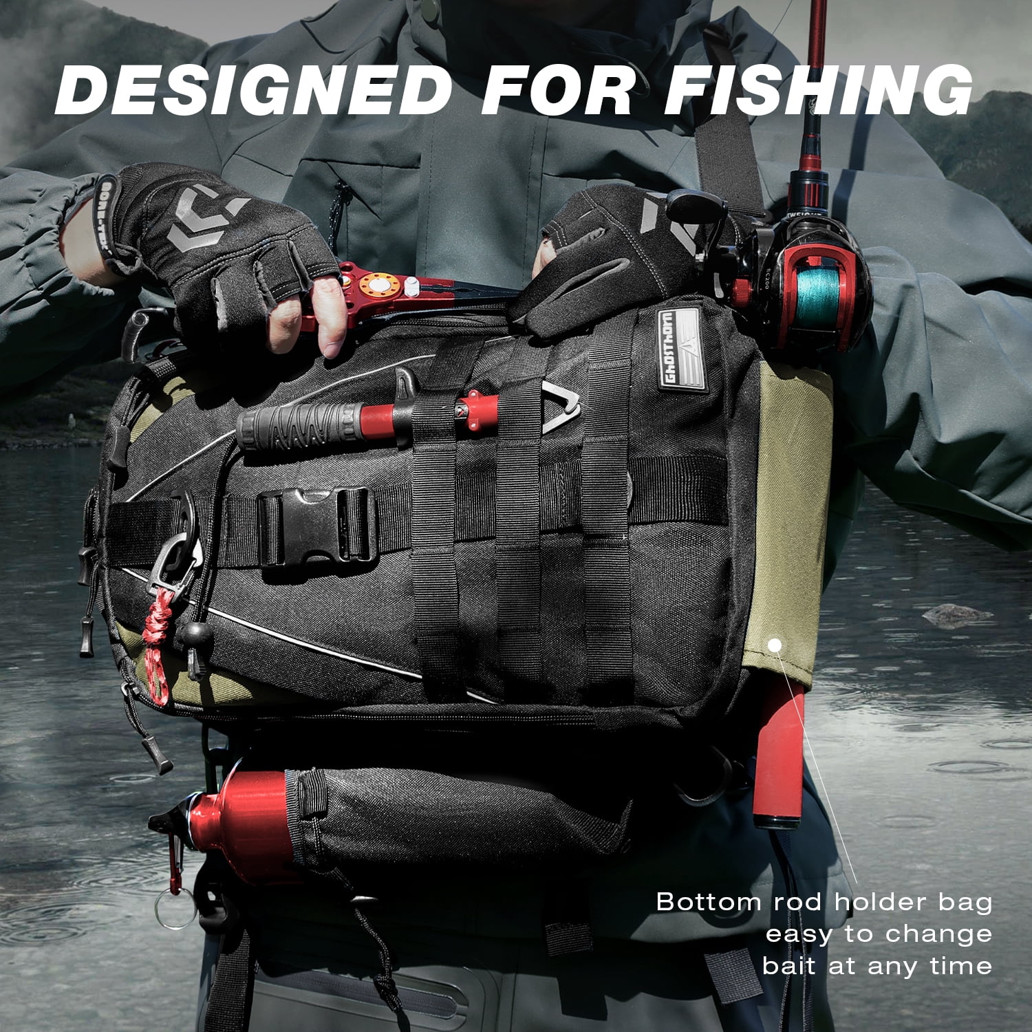Ghosthorn Fishing Backpack Tackle Sling Bag - Fishing Backpack with Rod Holder - Tackle Box Fly Fishing Gifts for Men Women