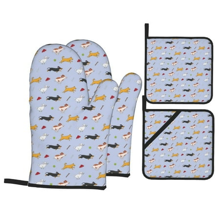 

Oven Mitts and Pot Holders Sets 4 pcs Dogs Are Running Non-Slip Oven Gloves Potholders Soft Quilted Lining Heat Resistant Gloves Hot Pads for Kitchen Cooking Baking