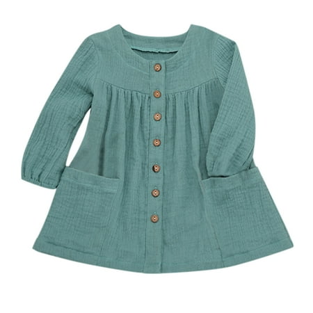 

Wesracia Newborn Infant Baby Girls Long Sleeve Solid Button Linen Pocket Tops