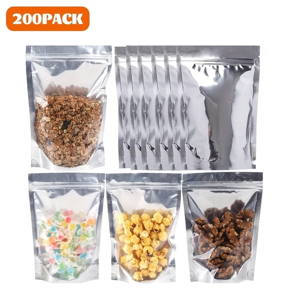 200 bolsas Mylar for almacenamiento de alimentos | Bolsas de embalaje resellables for pequeñas empresas | Ideal for obsequios de fiestas y ocasiones especiales.