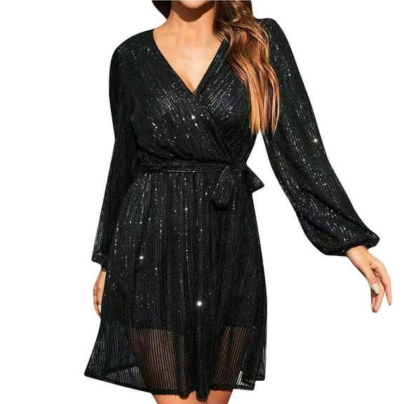 BangWanChi Black Dresses for Women Women's Fashion Solid Color Sequin Lantern Sleeve V-Neck Belt Sequin Dress Long Sleeve V-Neck Dresses