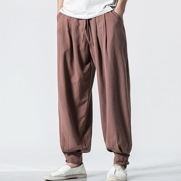 Pantalones largos para hombre, sueltos, de algodón y lino, de color liso, informales, de moda.