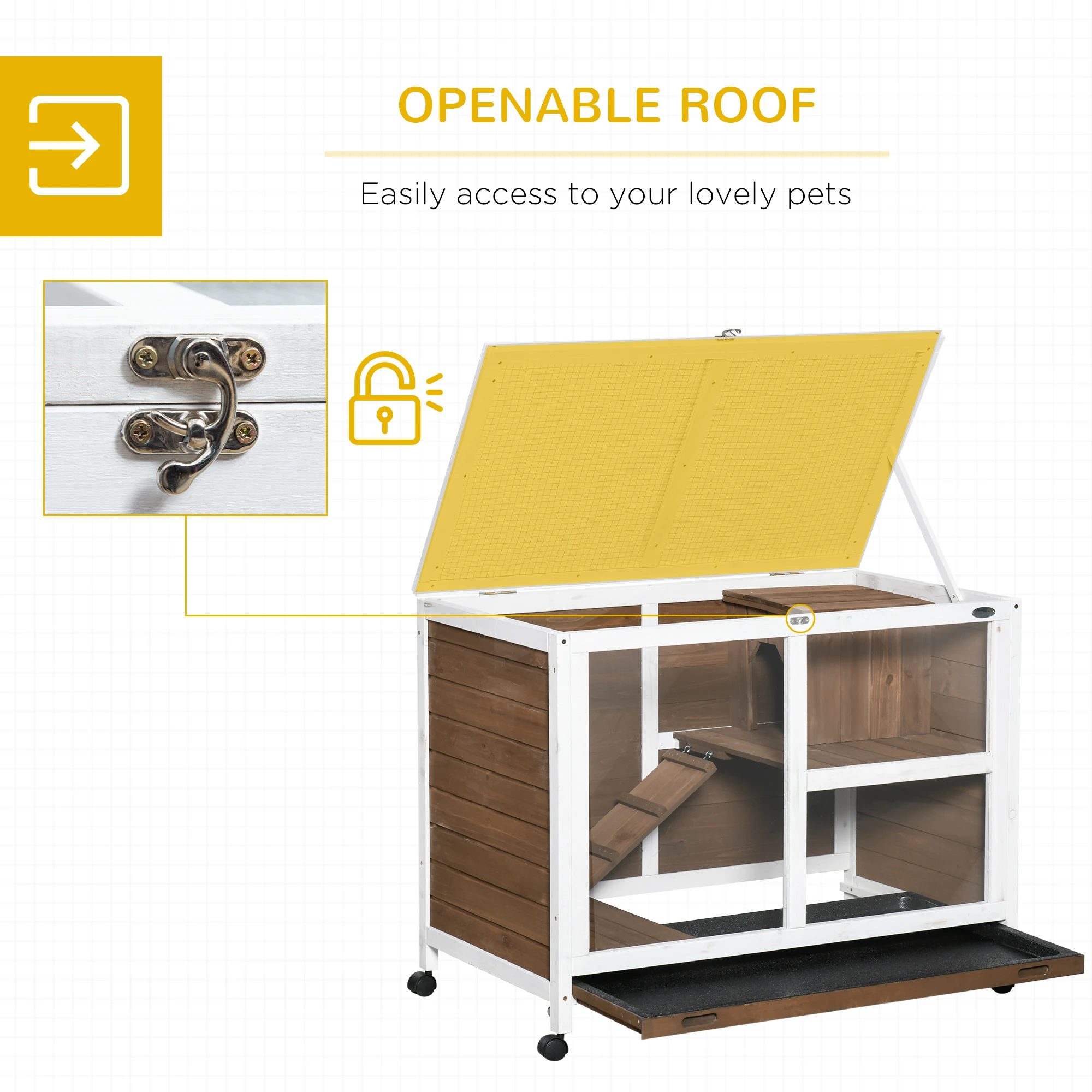 Pefilos 36" Indoor Rabbit Hutch with Wheels, Removable Tray and Openable Top, Wooden Bunny House Small Animal Habitat, Brown