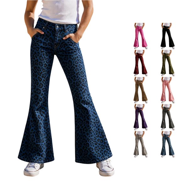 RUTAYY Girls Flared Jeans Leopard Print High Waist Button Fly Side Pockets Casual Bottoms Dark Blue