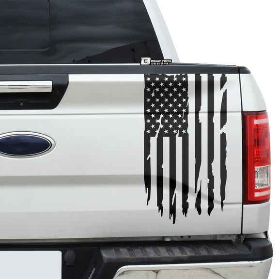 Precut Distressed American Flag Side Rear Tailgate Decal Sticker fits Most Pick Up Trucks, Matte Black