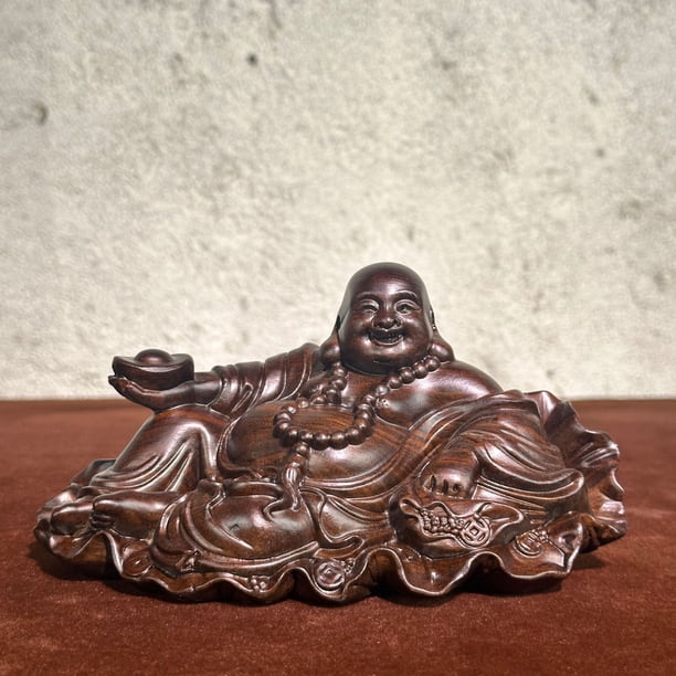 Ebony wood carved Maitreya Buddha with ingot shape, symbolizing harmony and wealth, a large-bellied Buddha, a desktop ornament, a car decoration, a wooden handicraft.