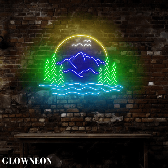 GLOWNEON LED Mountain Neon Sign, River & Tree Wall Light for Rustic, Boho, or Western Rooms
