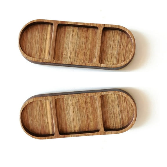 CNKOO 2-Piece Wooden Seasoning Dip Plates Wooden Seasoning Dipping Saucer Acacia Wood Three Grid Plate