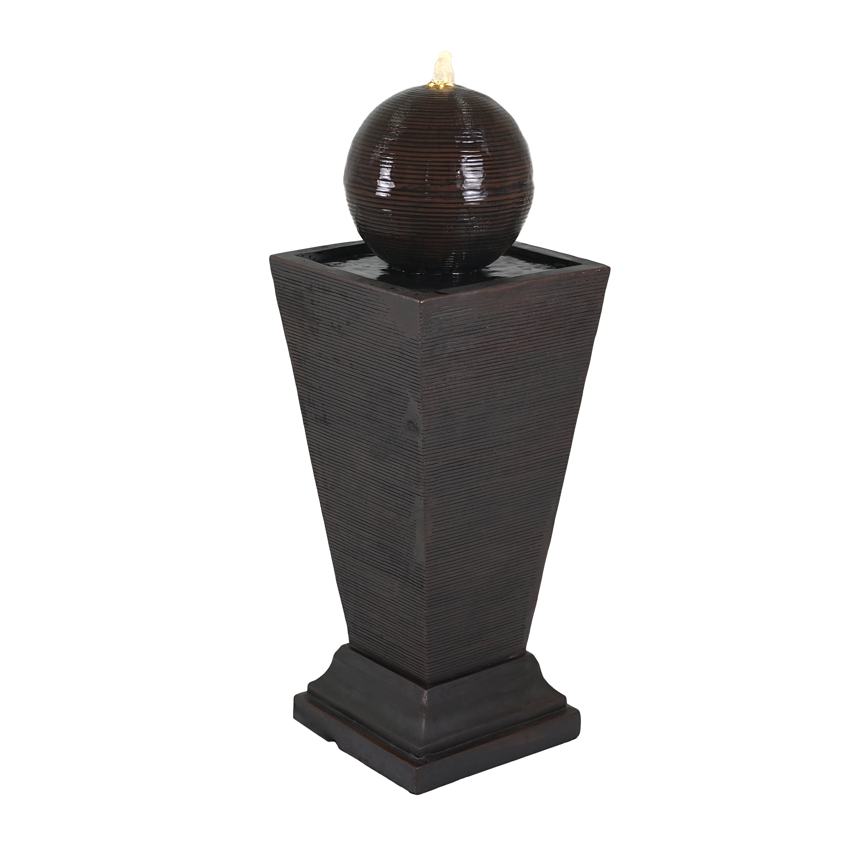 Solar Water Fountain, 35.5"H Dark Brown Concrete Tall Column Fountain -LED Light Retro Outdoor Oasis, Resilient Decor Feature, Dark Brown Outdoor Water Fountain,Cement Stone Water Fountain