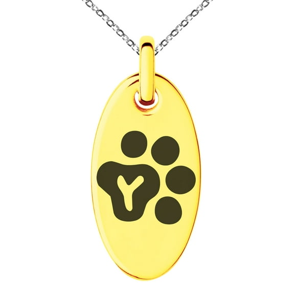 Stainless Steel Letter Y Initial Cat Dog Paws Monogram Engraved Small Oval Charm Pendant Necklace