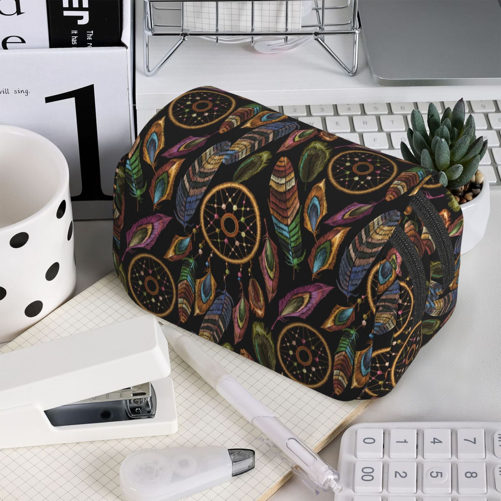 Rateoe Decorative Feathers Pattern Double Clamshell Pen Case, Storage Organizer with Two Zipper Compartments– Holds Up to 50 Pencils & Pens