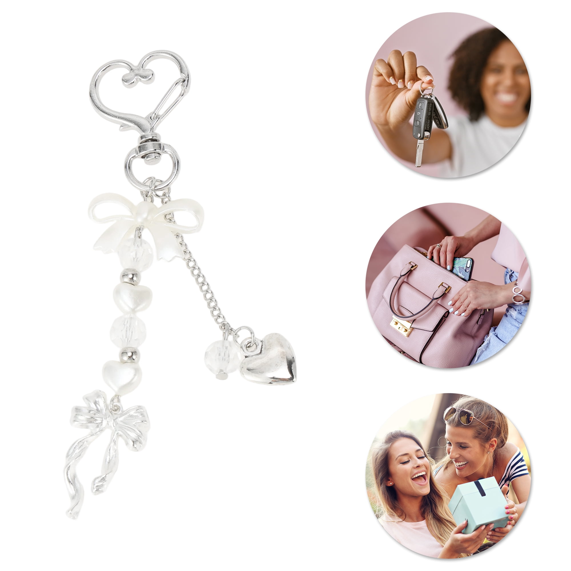 Unique Bargains Heart Bow Handbag Charm Keychain 1 Pc for Bags Silver Tone, Beige