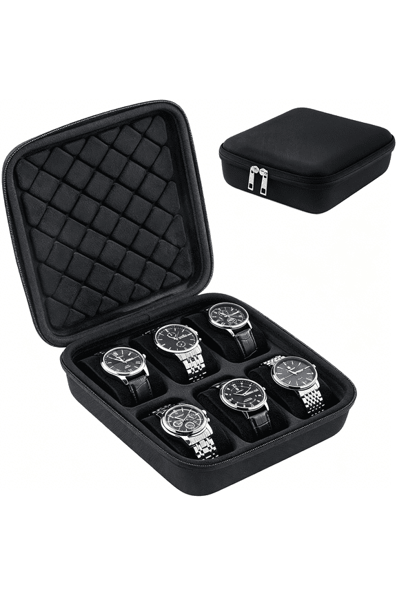 Travel Watch Case for Men,6 Slots Hard Shell Storage Box for Watch Bracelet Accessories,Zippered Organizer Bag-6 Slots