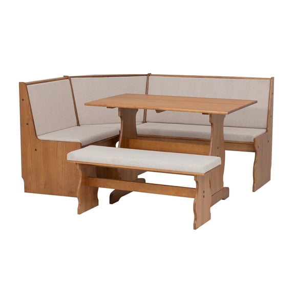 Linon Natasha Beige Upholstered Nook Dining Set in Walnut Solid Pine Wood