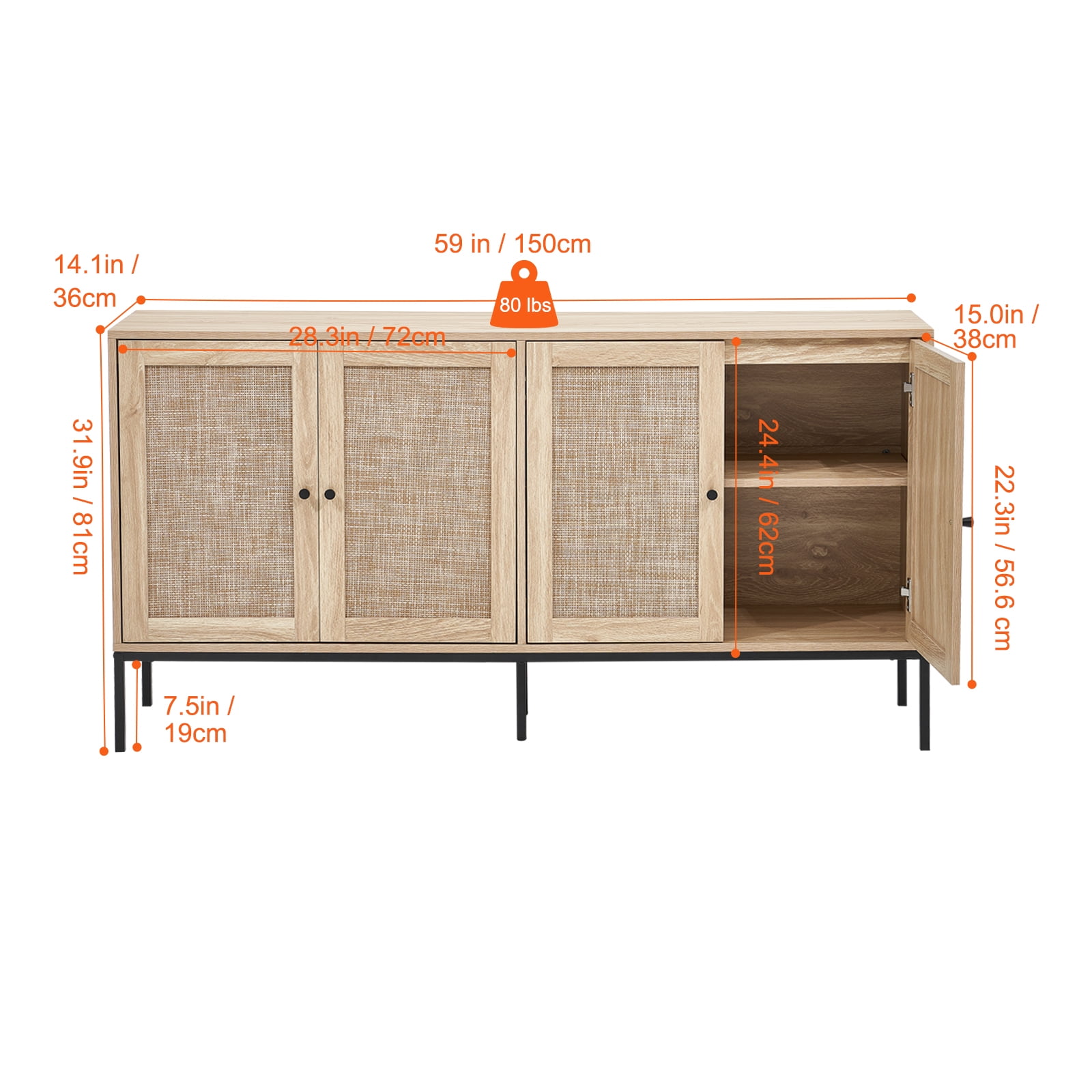 KFFKFF Wicker Cabinet, Wicker Storage Unit with 4 Magnetized Doors and Customizable Shelving, Multipurpose Cabinet for Corridor, Foyer, Lounge, or Kitchen, Organic