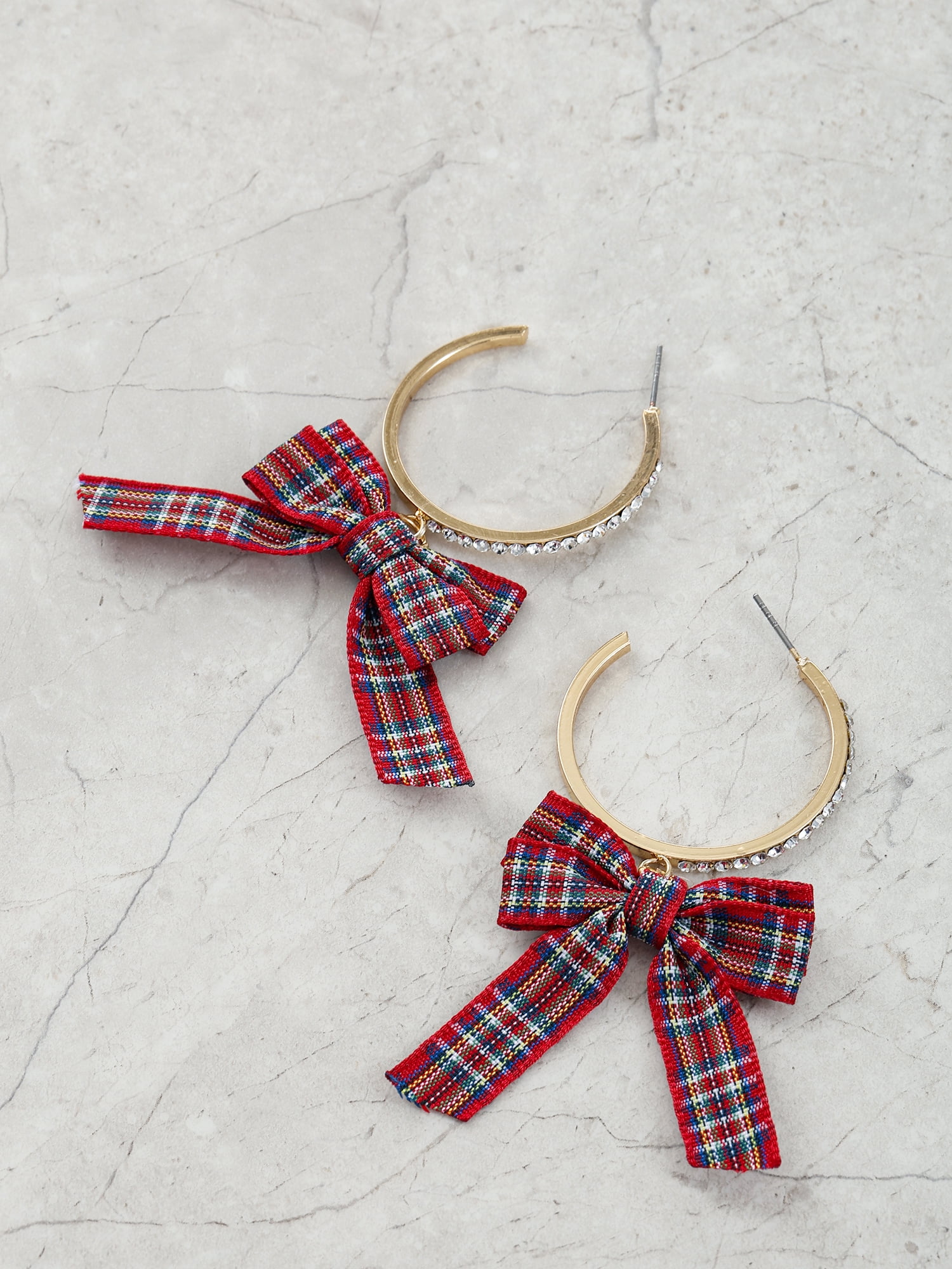Holiday Time Goldtone Hoop with Red Bow Earrings, 1 Pair
