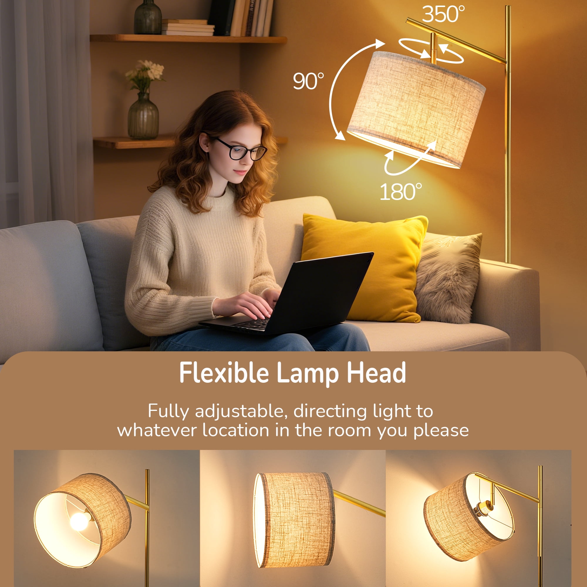 EDISHINE 64.7in Floor Lamps for Living Room, Metal Standing Lamp with Foot Switch for Bedroom, Office, Decor, Lighting, Golden