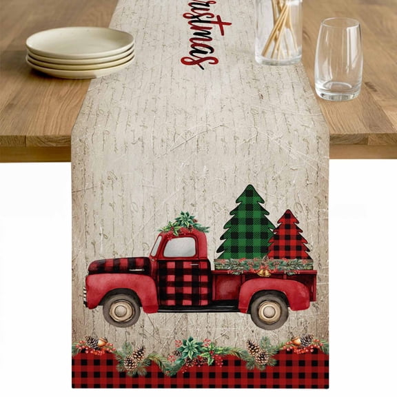 Red Plaid Christmas Table Runner 60 Inches Long Farmhouse Dress Scarves, Truck Xmas Tree Vintage Winter Dining Tablerunner for Coffee Table/Kitchen Island/Party Décor, 13" x 60"