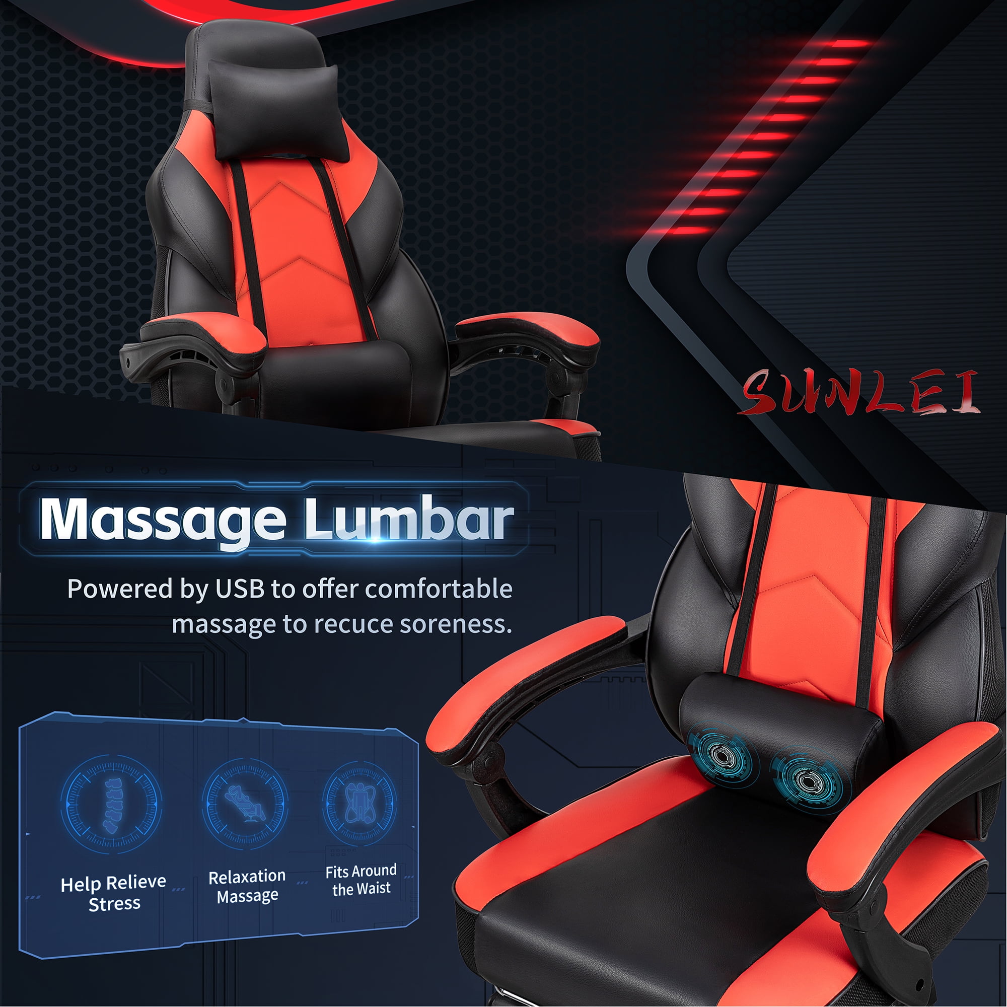 Walsunny Ergonomic Gaming Chair with Adjustable Footrest and Massage Leather Game Chair large gaming chair with Headrest and Lumbar Support for Adults, Red