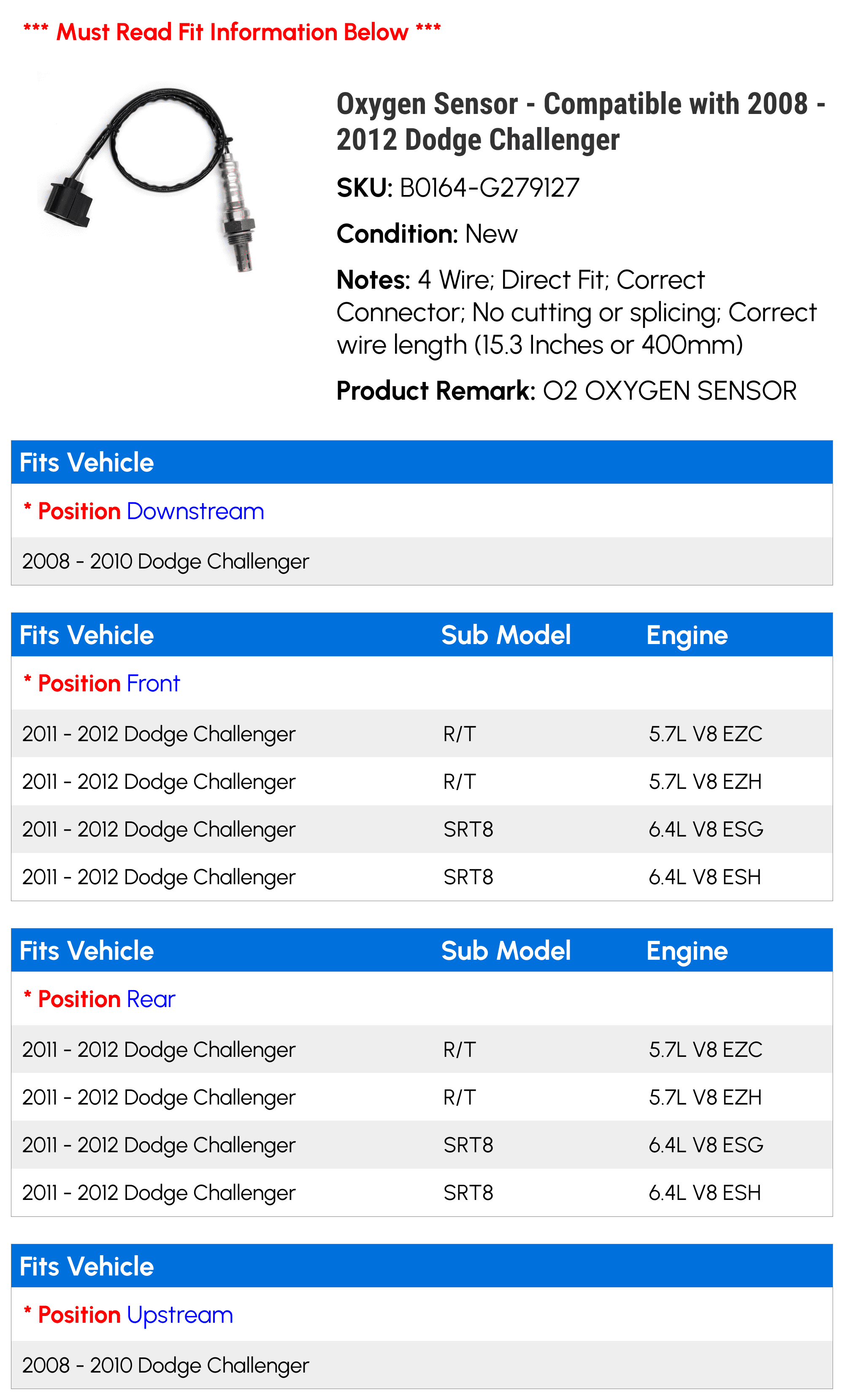 Oxygen Sensor - Compatible with 2008 - 2012 Dodge Challenger 2009 2010 2011