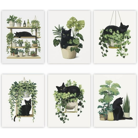 6 Pcs Cute Black Cat Botanical Wall Art Prints Green Plants Boho Wall Poster Minimalist Aesthetic Poster Pictures for Living Room Bedroom Office Home Decorations (8x10 Inch Unframed)