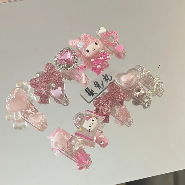 Pegatinas de uñas postizas con estampado de leopardo Sanrioed Hellokitty Y2K, estilo Harajuku, Parche de uñas de diamantes de imitación súper brillante, regalos de niña caliente, nuevo
