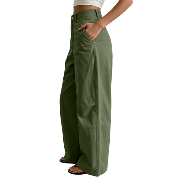 Costeam Womens Wide Leg Casual Pants Contrast Stitch Curved Seam Detail Button High Waist with Side Pockets Loose Straight Leg Lightweight Soft Breathable Relaxed Fit Full Length Utility Trousers