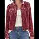 thumbnail image 2 of Chaqueta de Terciopelo de Larga de Color Liso para Mujer, Abrigo Corto Informal con Hebilla y Bolsillos. Vino Tinto XL, 2 of 5