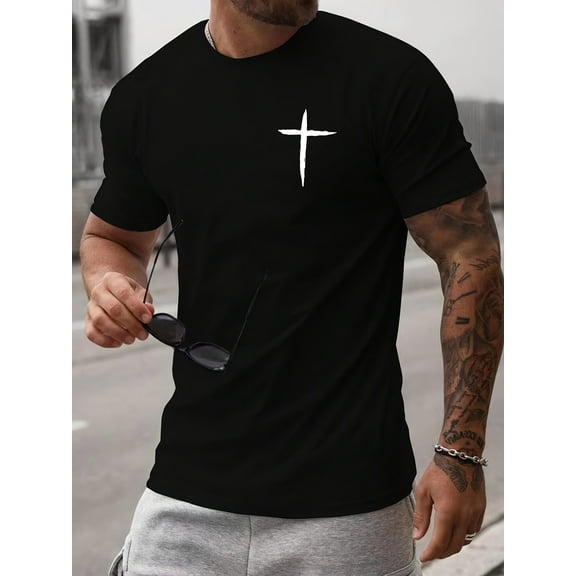 Men's Casual Short Sleeve T-Shirt With Cross Pattern, Breathable Polyester Blend, Relaxed Fit, Machine Washable, Perfect For Summer And Spring Outdoors