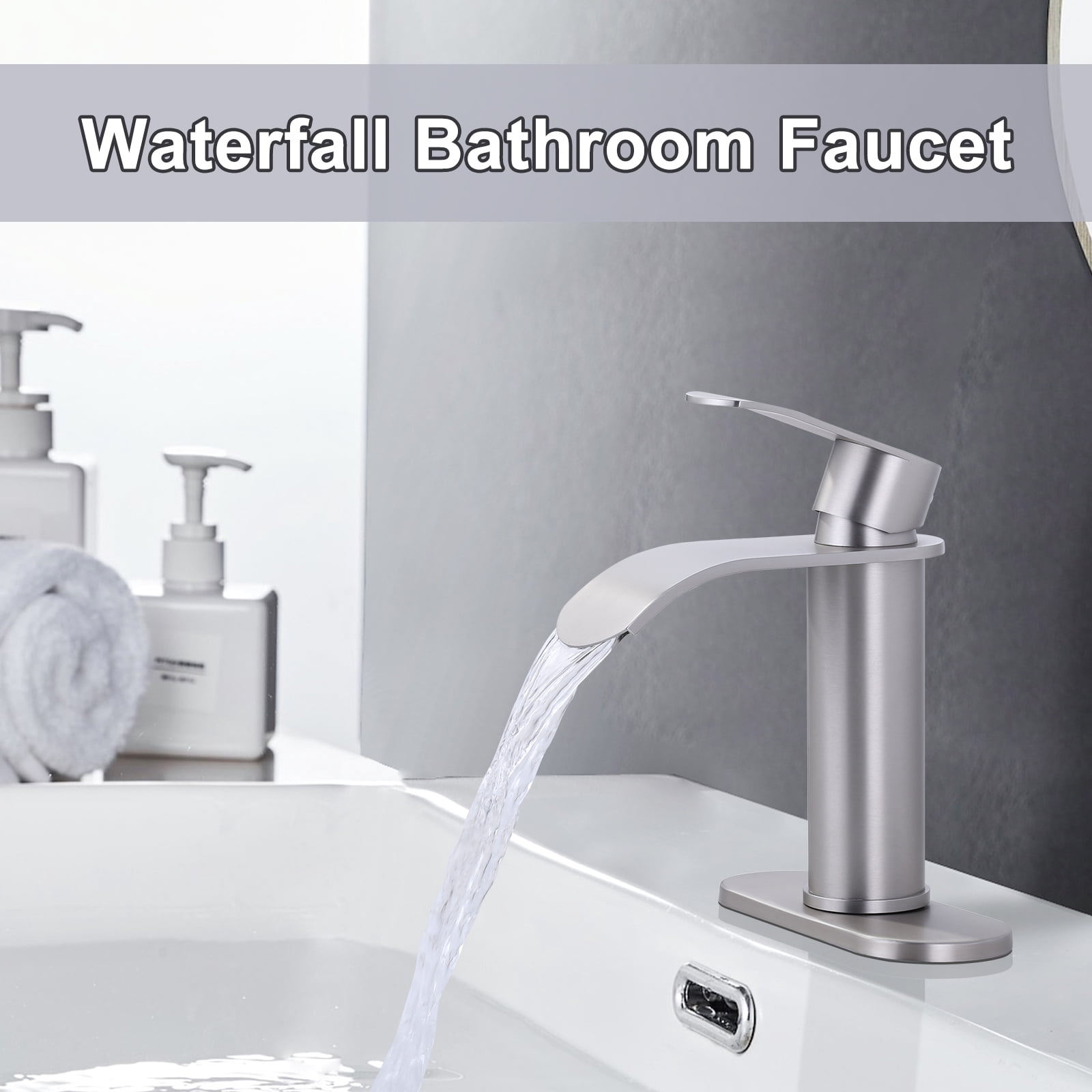 WOWOW Waterfall Bathroom Faucet Single Handle, Single Hole Bathroom Sink Faucet Stainless Steel, Brushed Nickel Bathroom Faucet with Deck Plate, 1 Hole or 3 Hole Lavatory Faucet for Bathroom Sink