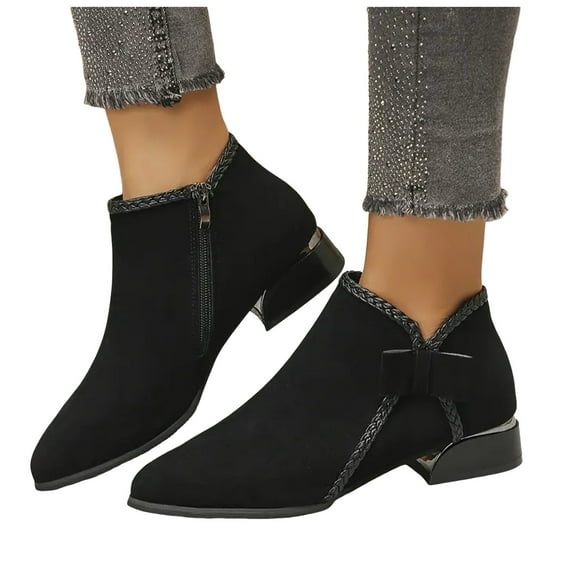 Womens Bow Dress Boots for Ladies Bride Wedding Bowknot Suede Pointed Toe Block Low Heel Dressy Ankle Booties Black