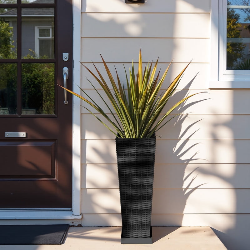 Homall 2-Pack 24" Tall Outdoor Plastic Planters with Inside Pots, Drainages and Trays, Rattan - Patterned for Patio Decor