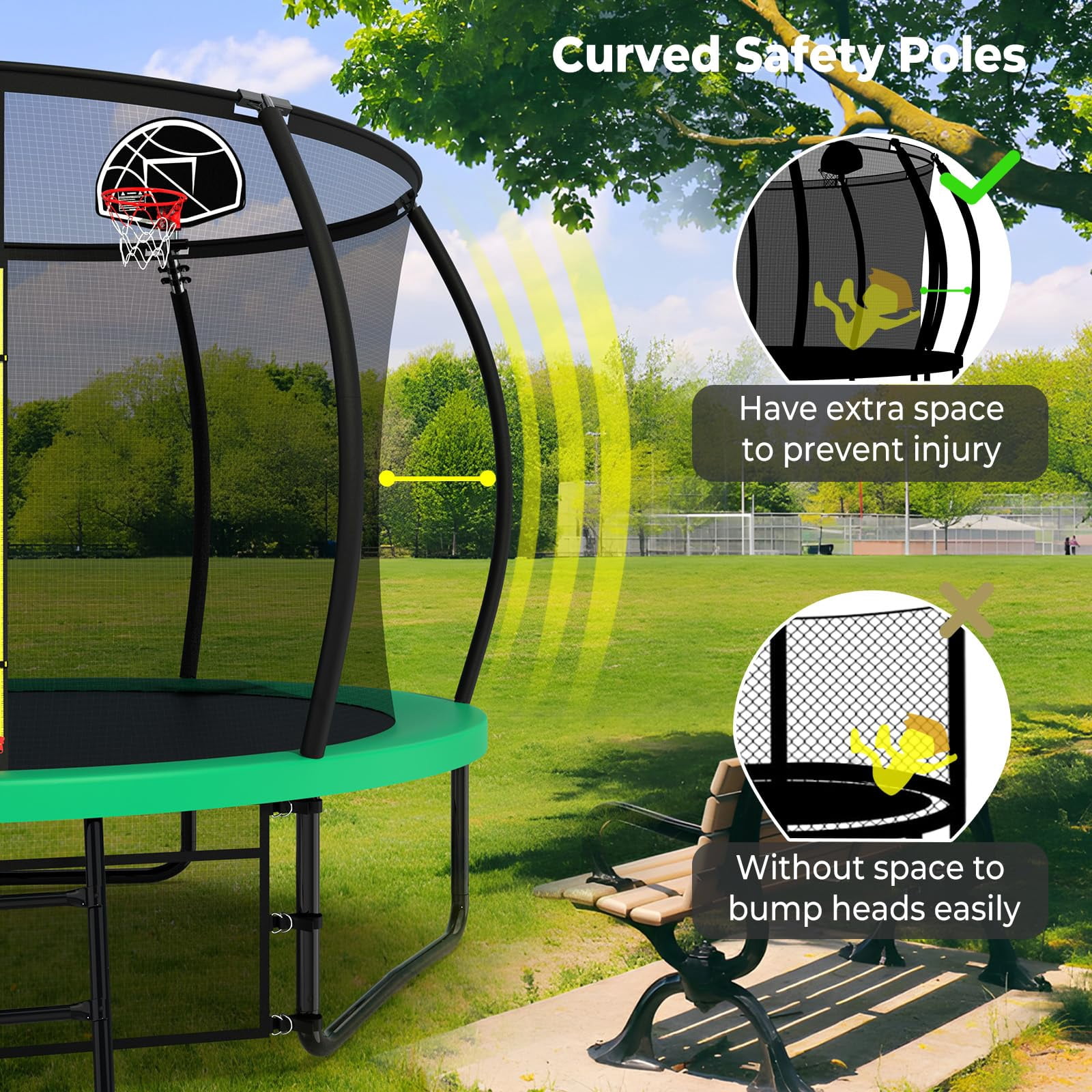 JOYFULIN Trampoline, 10FT Trampoline for Adults and 3-4 Kids, 1000LBS Trampoline with Enclosure, Basketball Hoop, Shoes Bags, Galvanized Full Spray Outdoor Recreational Round Trampolines