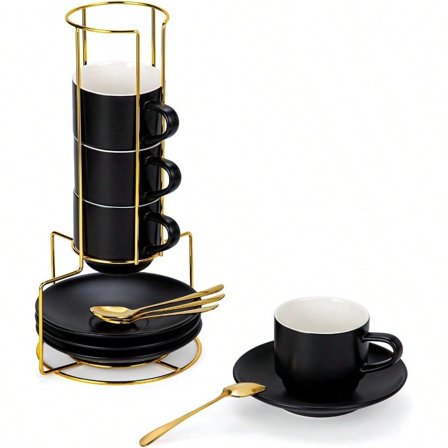 8 Ounce Porcelain Cappuccino Cups Set of 4 Stackable Coffee Cups with Saucers Spoons and Metal Stand -for Specialty Coffee Drinks Cappuccino Latte Americano and Tea Black