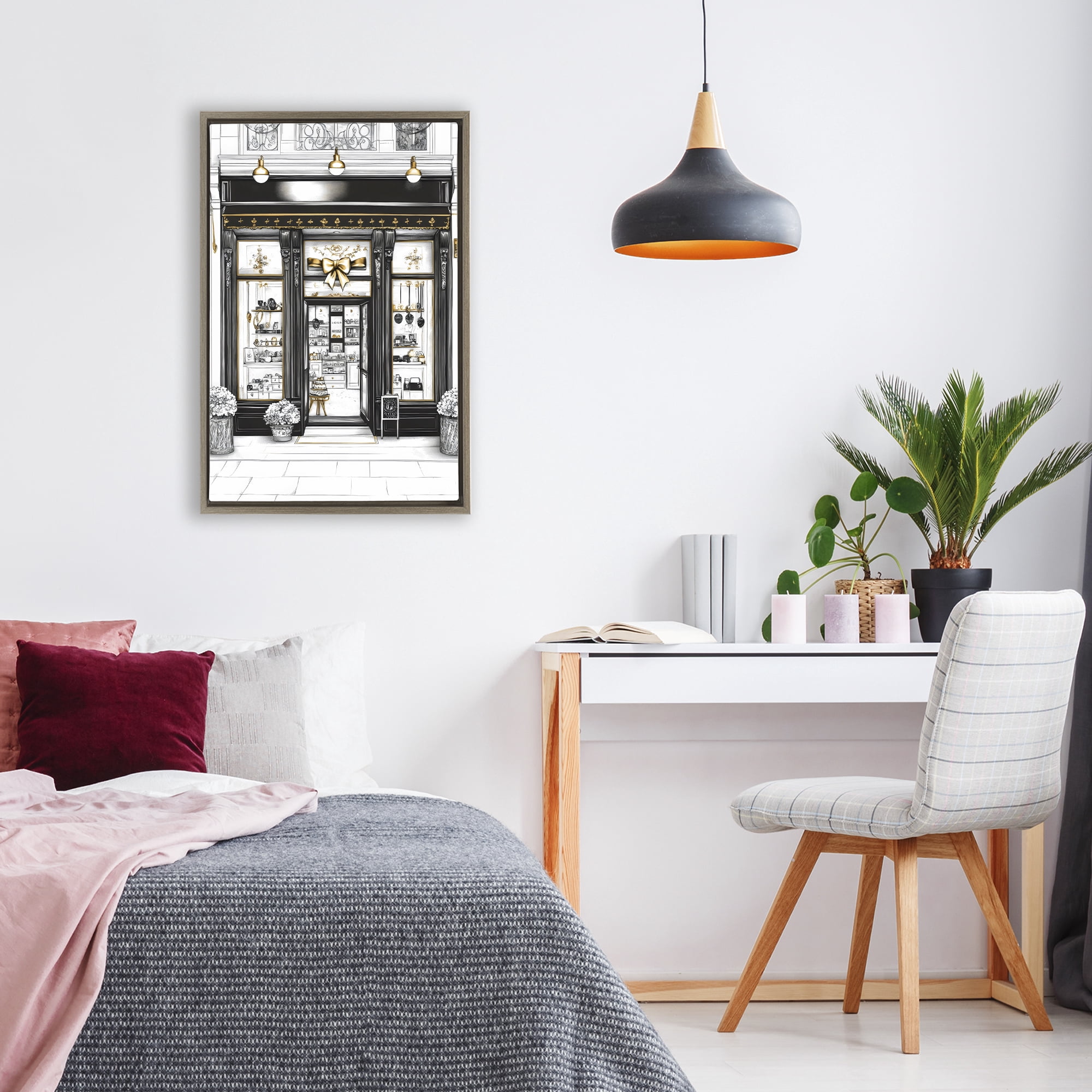 Stupell Industries Glam Paris Shop Facade Brown Framed Floater Canvas Wall Art, design by Petal Prints Design