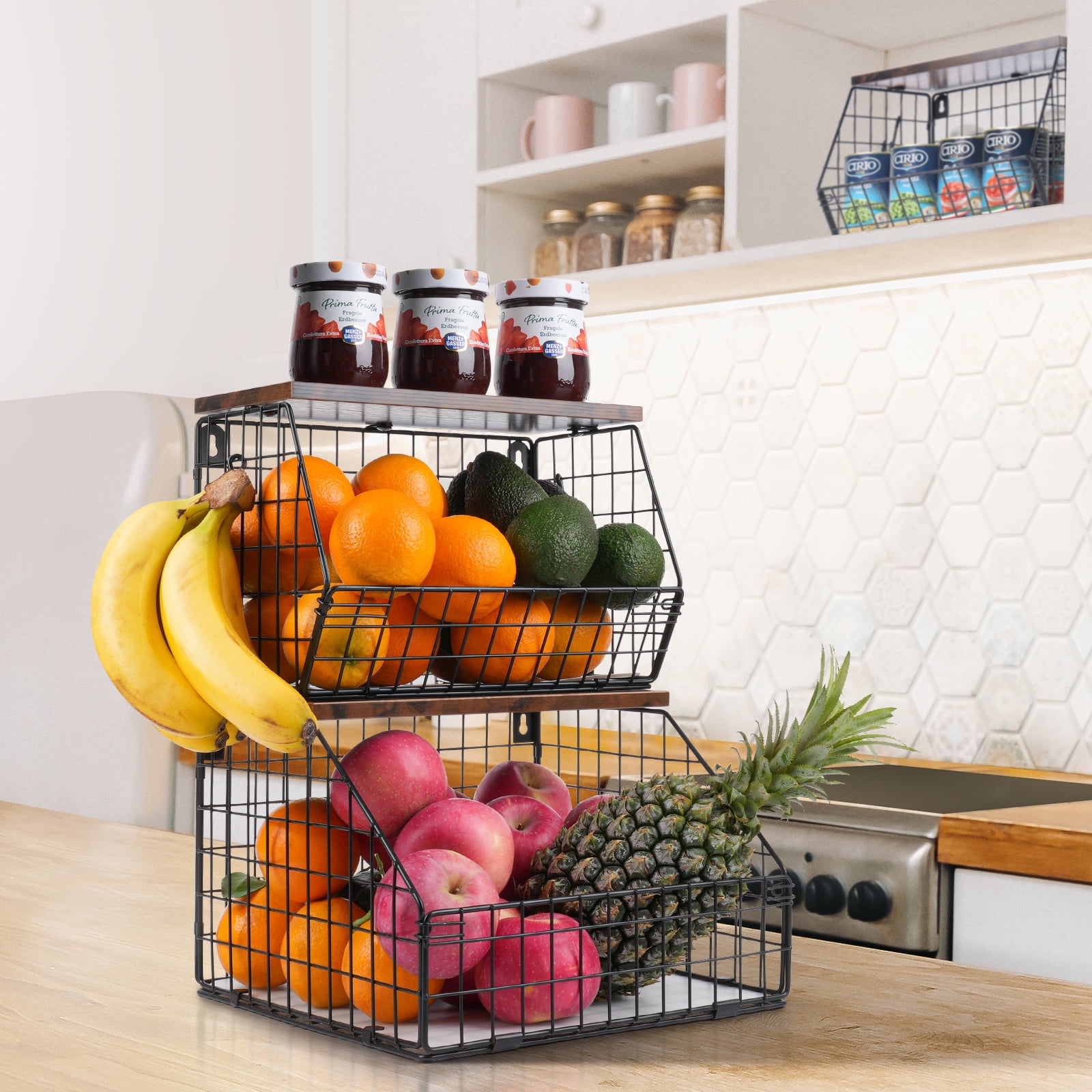 ] #ad Mefirt 2pcs Fruit Basket Onion Storage Wire Baskets with Wood  Lid, Stackable Wall Mounted Countertop Kitchen Counter Organizer for Snack,  Fruit and Vegetable Storage, 11.8 x 7.9 x 8.5 Inch