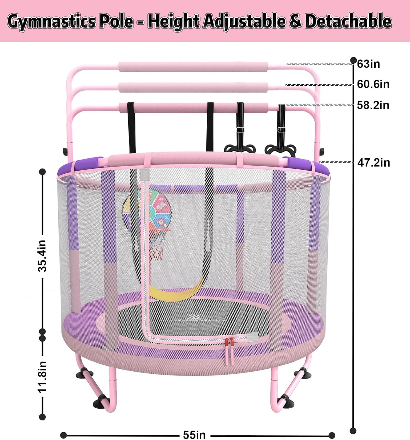 LANGXUN 60 Inch 5ft Kids Trampoline, 6-in-1 Toddler Mini Bouncer with Swing, Basketball Hoop, Dart Board & Rings, Indoor Outdoor Play Set for Boys & Girls