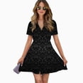 thumbnail image 2 of Black Damask Background Women Dress V-Neck Short Sleeve Flowy Swing Party Midi Dress, 2 of 4