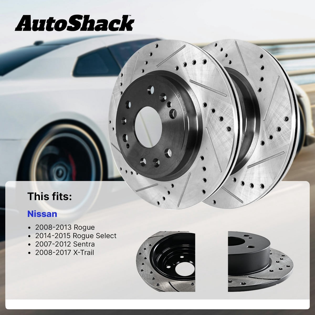 AutoShack Front Brake Rotors for Nissan, Rogue 2008-2013 Sentra 2007-2012 Rogue Select 2014-2015, AWD FWD L4 2.5L - E-Coated Drilled & Slotted - ShadowGuard - 11.65" (295.8 mm), 5-Lug