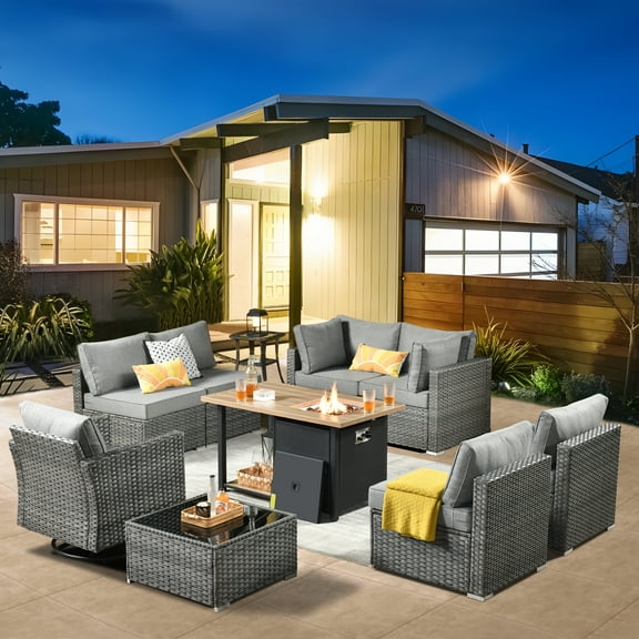 XIZZI 10 PCS Outdoor Patio Furniture Set Wicker Conversation Set with Coffee Table Fire Pit and Swivel Rocker,Dark Grey
