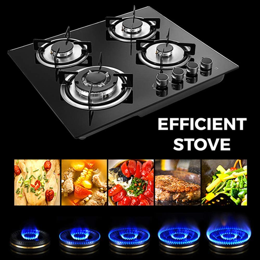 Gas Cooktop - 24 inch 4 Burners Built-in Stove - LPG/NG Dual Fuel Drop-in Tempered Glass Surface Gas Hob,Easy Clean Gas Stoves for Kitchen