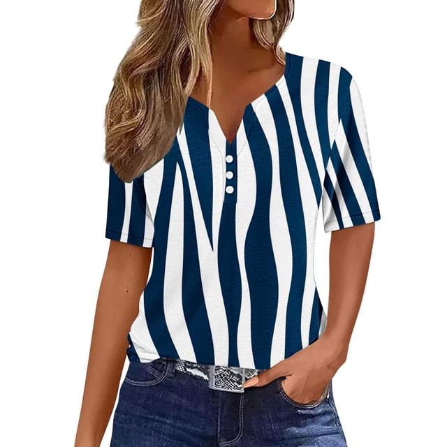 Tops de Manga Corta de Algodón para las Mujeres Impreso Cuello Redondo Blusa Imitación Estante de Algodón, Moda Casual Top para el Hogar Diario Y el Trabajo