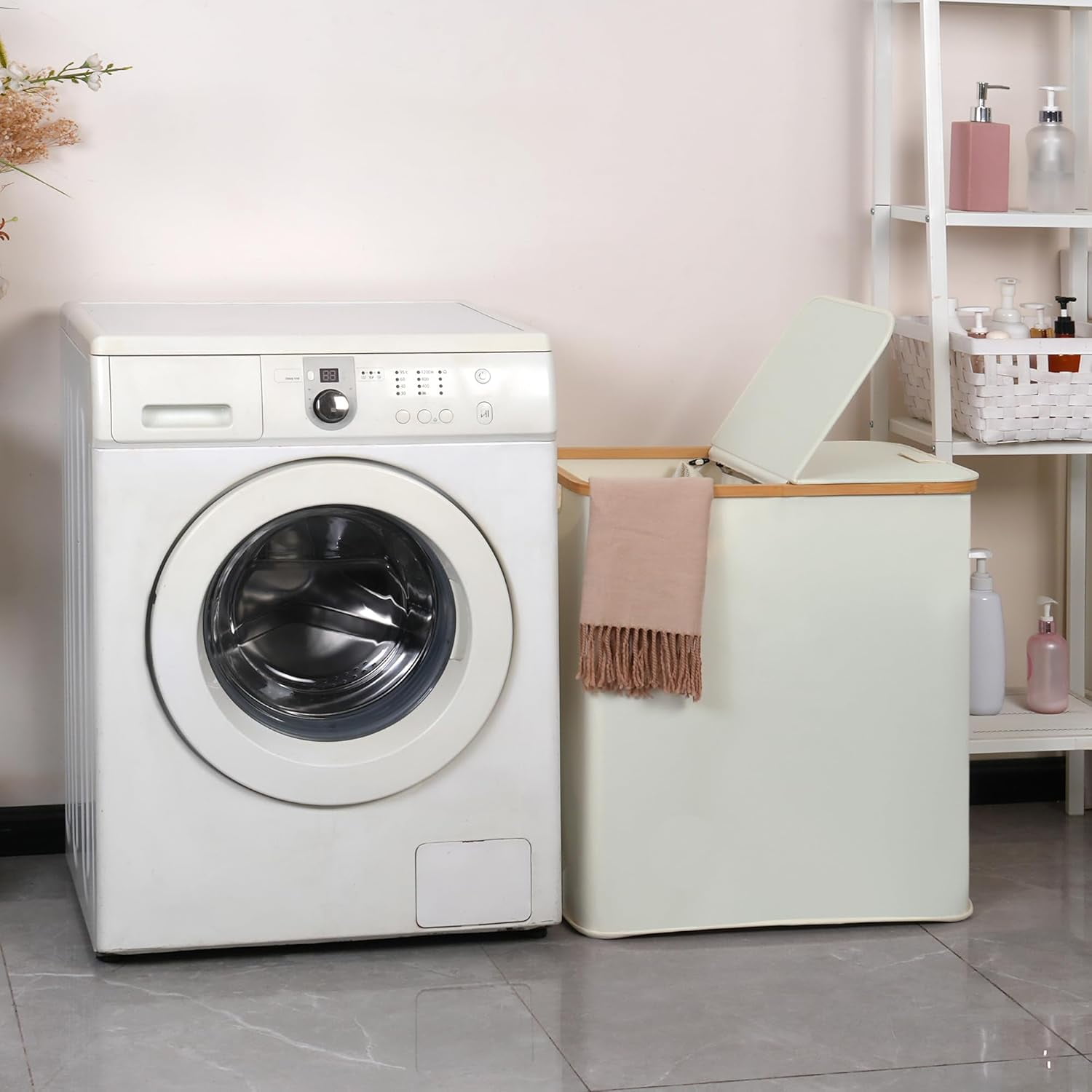 Laundry Hamper with Lid, Double Laundry Hamper with 2 Removable Bags, 2 Section Laundry Basket with Bamboo Handles for Bathroom, Bedroom & Laundry Room, 140L (36.9 Gallon) Beige