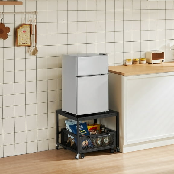 KFFKFF Mini Fridge Stand Washing Machine Stand with Storage, Refrigerator Base with 4 Swivel Lockable Wheels，Movable Storage Cart Black 20*20*17inch, 200lb Load Bearing